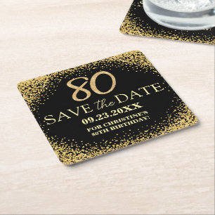 Porta-copo De Papel Quadrado Brilho Ouro Preto 80º Aniversário Salve a Data