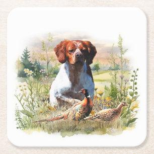 Porta-copo De Papel Quadrado Brittany Spaniel – Campo, Foco, Faisão, Arte