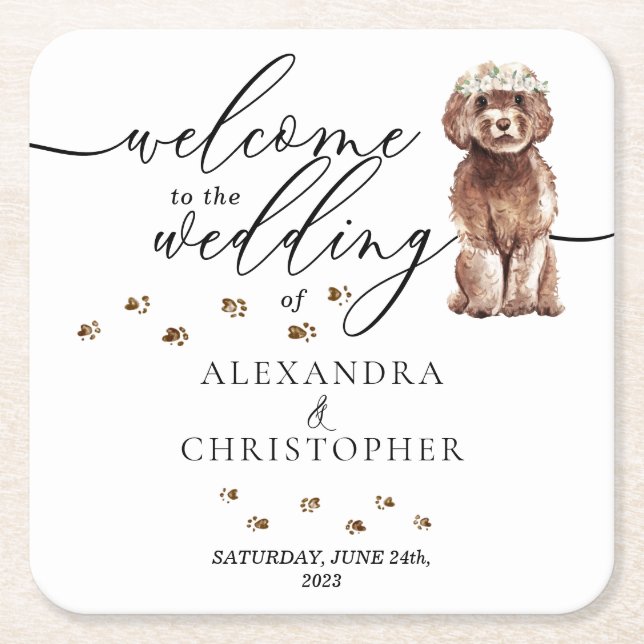 Porta-copo De Papel Quadrado Brown Cavapoo Dog Puppy Bem-vindo ao casamento (Frente)
