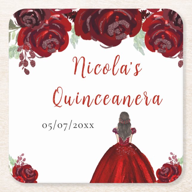 Porta-copo De Papel Quadrado Brunette Hair Princess Red Floral Quinceanera (Frente)