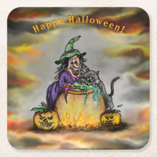 Porta-copo De Papel Quadrado Bruxa e Gato Negro, Feliz Halloween!