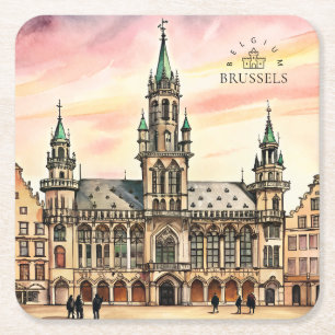 Porta-copo De Papel Quadrado Bruxelas Bélgica Aquarela Grande Palácio