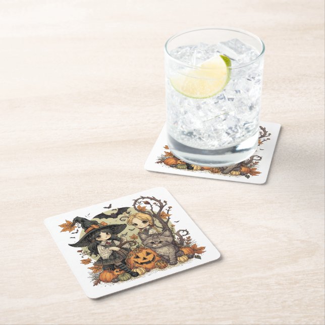 Porta-copo De Papel Quadrado Bruxinhas Kawaii com Gatinho e Abóboras  (Insitu)