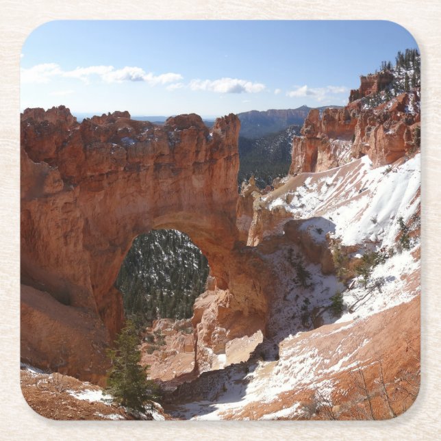 Porta-copo De Papel Quadrado Bryce Canyon Natural Bridge Snowy Landscape Foto (Frente)