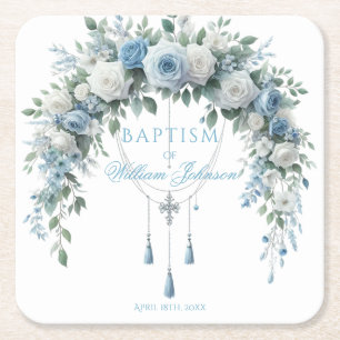 Porta-copo De Papel Quadrado Bule Rose & Cruz Prateada Suporte para Batismo