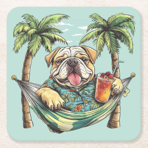 Porta-copo De Papel Quadrado Bulldog Inglês em Topo Havaiano