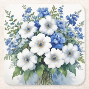 Porta-copo De Papel Quadrado Buquê de Flores Aquarela Elegante