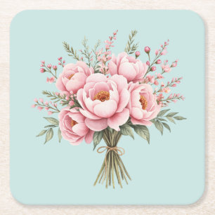 Porta-copo De Papel Quadrado Buquê de Flores de Peônia Rosa Bonita