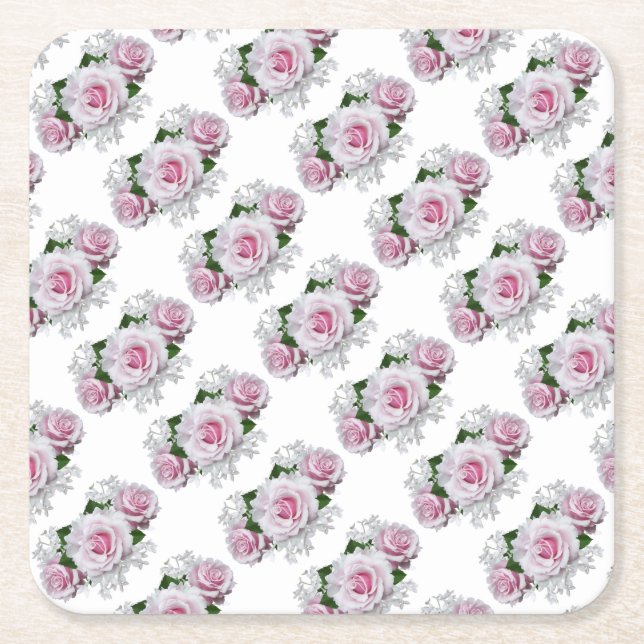 Porta-copo De Papel Quadrado Buquê de Rosas Rosa (Frente)