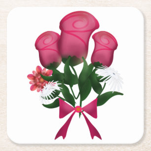Porta-copo De Papel Quadrado Buquê de Rosas Rosa com Fita Floral
