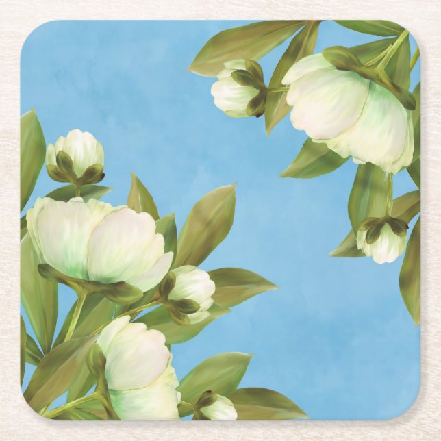 Porta-copo De Papel Quadrado Buquê Floral de Peões Brancos Clássicos (Frente)