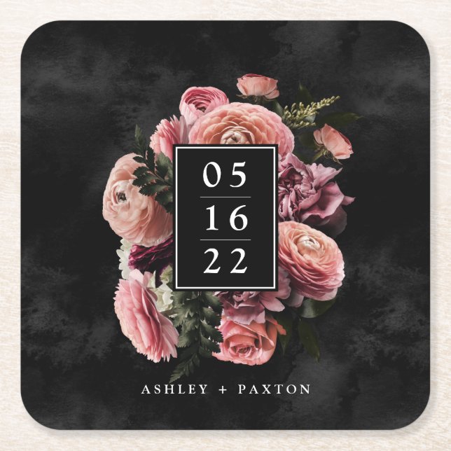 Porta-copo De Papel Quadrado Buquê Rosa Romântico e Moody a Preto (Frente)