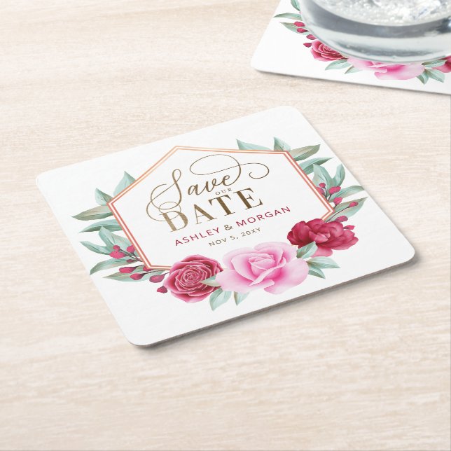 Porta-copo De Papel Quadrado Burgundy Blush Gold Floral Salve a Data (Inclinado)