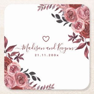 Porta-copo De Papel Quadrado Burgundy Floral Wedding