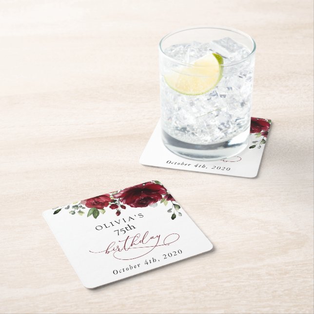 Porta-copo De Papel Quadrado Burgundy Flowers, Red Flowers, Greenery, Birthday (Insitu)