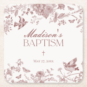 Porta-copo De Papel Quadrado Burgundy Toile De Jouy Vintage Baptismo Floral