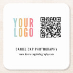 Porta-copo De Papel Quadrado Business Custom Logo QR Code<br><div class="desc">Easily personalize these custom paper coasters with your logo, QR code and other important details. Promote your business with our personalized coasters made from sturdy 50 pt. pulp board. These minimalist coasters are tough, durable, and absorbent – perfect for parties, weddings, and branding your business. These coasters can be personalized...</div>