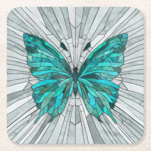 Porta-copo De Papel Quadrado Butterfly Mosaic - Emerald Green e Cinzas