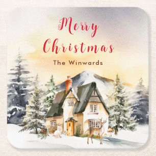 Porta-copo De Papel Quadrado Cabana de Férias de Inverno Feliz Natal