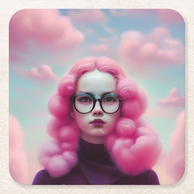 Porta-copo De Papel Quadrado Cabelo Rosa Sério (Frente)