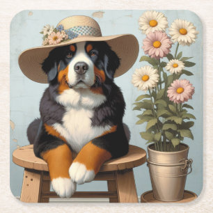 Porta-copo De Papel Quadrado Cachorro-de-Bona-Bonita com Chapéu e Flores