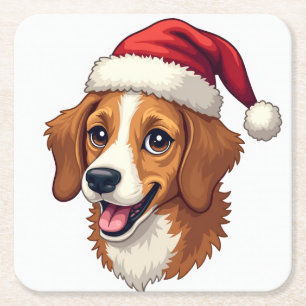 Porta-copo De Papel Quadrado Cachorro de desenho de Natal com chapéu de Papai N