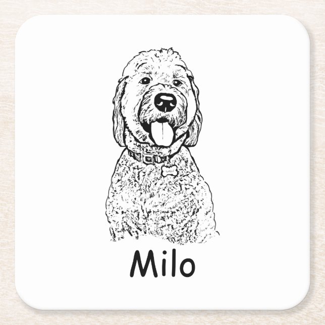 Porta-copo De Papel Quadrado Cachorro de Goldendoodle Desenho de Mão Personaliz (Frente)