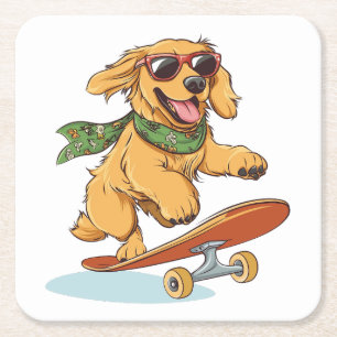 Porta-copo De Papel Quadrado Cachorro Golden Retriever fazendo skate