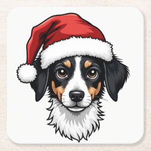 Porta-copo De Papel Quadrado Cachorro Pequeno de Natal com Chapéu de Papai Noel