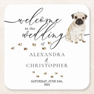 Porta-copo De Papel Quadrado Cachorro Pug Filhote Bem-vindo ao casamento