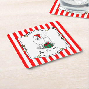 Porta-copo De Papel Quadrado Cachorro Samoyed Dog Cujo Chapéu Natal Papai Noel