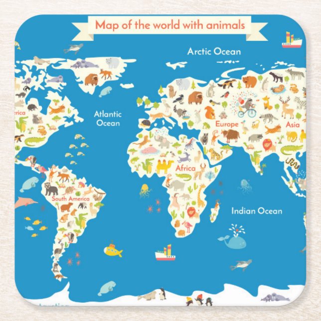 Porta-copo De Papel Quadrado Caçoa o mapa do mundo com animais (Frente)