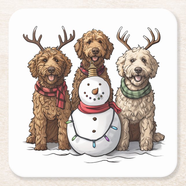 Porta-copo De Papel Quadrado Cães de Goldendoodle de Natal (Frente)