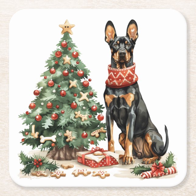 Porta-copo De Papel Quadrado Cães Dobermann de Natal (Frente)