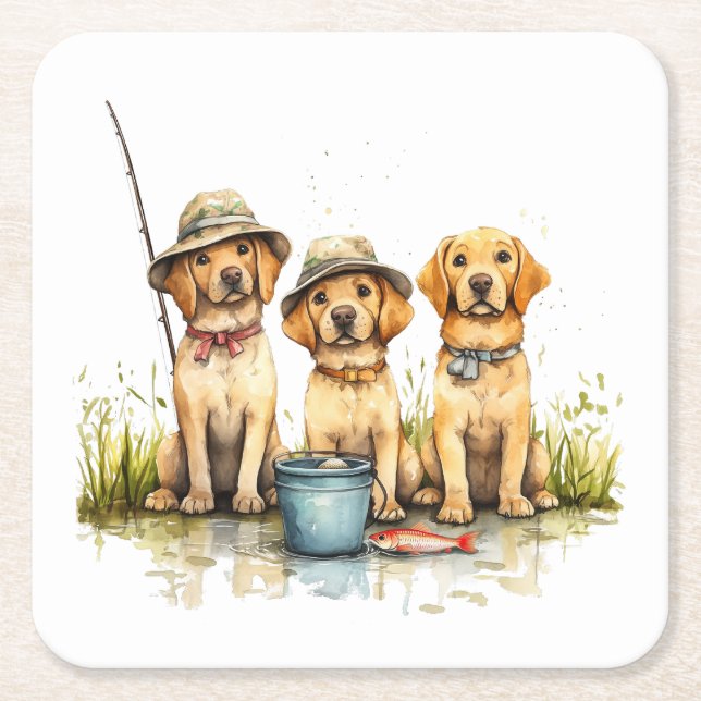 Porta-copo De Papel Quadrado Cães Labrador Retriever Pescando (Frente)