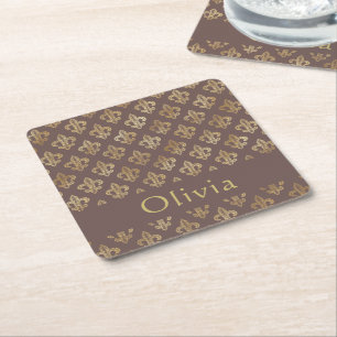 Porta-copo De Papel Quadrado Café Brown e Fleur De Lis Dourado Personalizado