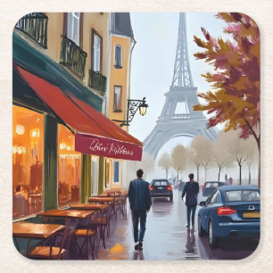 Porta-copo De Papel Quadrado Café Francês Paris Torre Eiffel Aquarela