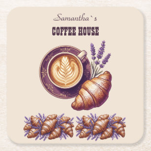 Porta-copo De Papel Quadrado Cafe Personalizado Merch Croissant Vintage Com Lav