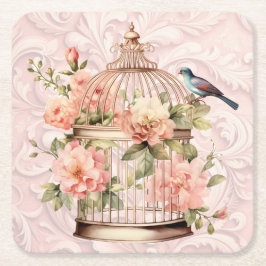 Porta-copo De Papel Quadrado Cage de Pássaros Floral Romântico Vintage em Aquar