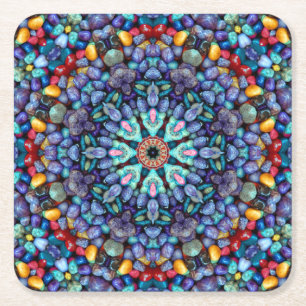 Porta-copo De Papel Quadrado Caleidoscópio azul do Fractal do vintage de pedra