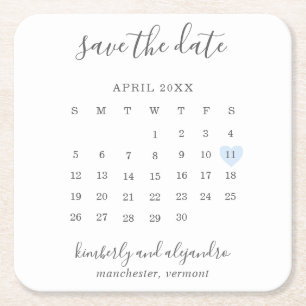 Porta-copo De Papel Quadrado Calendário Simples Pastel Blue Heart Salvar a Data