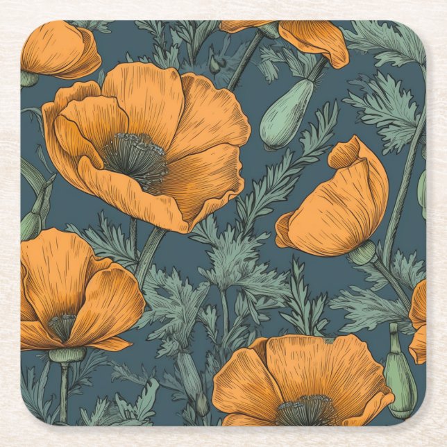 Porta-copo De Papel Quadrado California Poppies Floral Coaster (Frente)