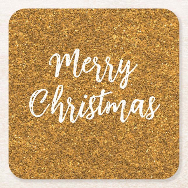 Porta-copo De Papel Quadrado Caligrafia de Natal alegre e Dourada (Frente)