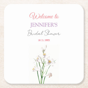 Porta-copo De Papel Quadrado Caligrafia Elegante Floral Boas-vindas Chá de Noiv