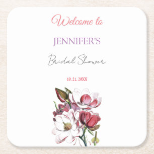 Porta-copo De Papel Quadrado Caligrafia Elegante Floral Boas-vindas Chá de Noiv