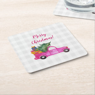 Porta-copo De Papel Quadrado Caminhão Rosa De Natal Com Árvore E Desejos