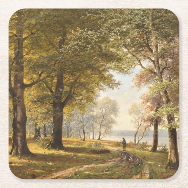 Porta-copo De Papel Quadrado Caminho da Floresta com Hiker no outono (Frente)