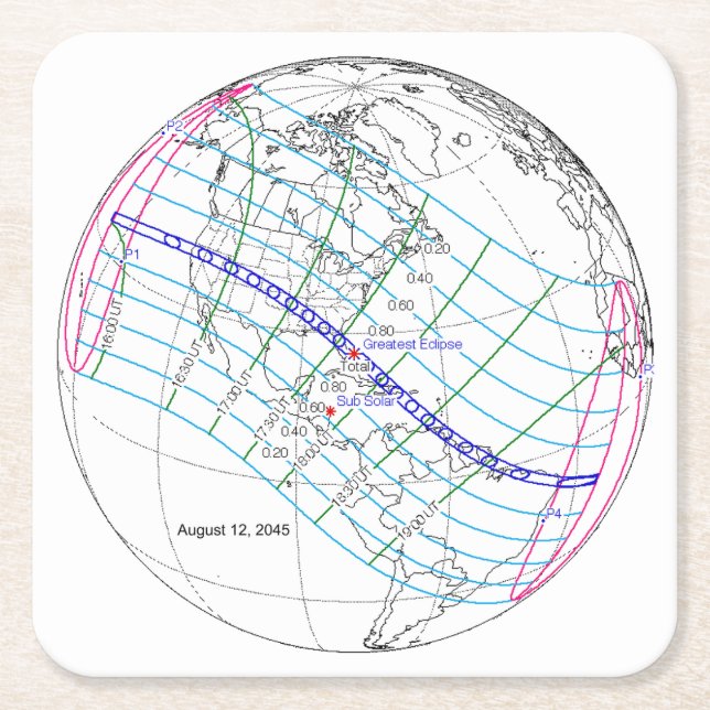 Porta-copo De Papel Quadrado Caminho Global do Eclipse Solar 2045 (Frente)