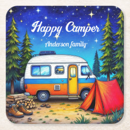 Porta-copo De Papel Quadrado Camper Camping Blue Green Nature Watercolor
