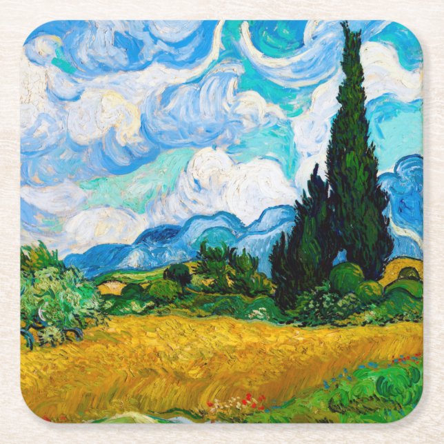 Porta-copo De Papel Quadrado Campo de trigo com ciprestes, Van Gogh (Frente)